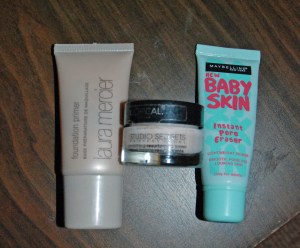 left to right: Laura Mercier Foundation Primer, Loreal Stuio Secrets smoothing resurfacing primer, Maybelline baby soft primer (this is inexpensive and feels amazing on your skin)